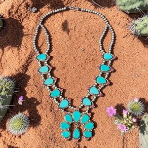 TURQUOISE AND CORAL SQUASH BLOSSOM NECKLACE 28"